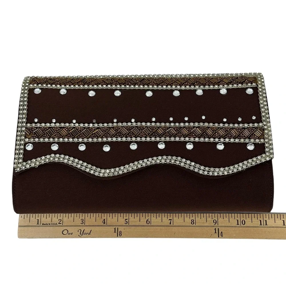NWT Elite Champagne Clutch Purse Womens Brown‎ Cream Beaded Rhinestone NOS VTG